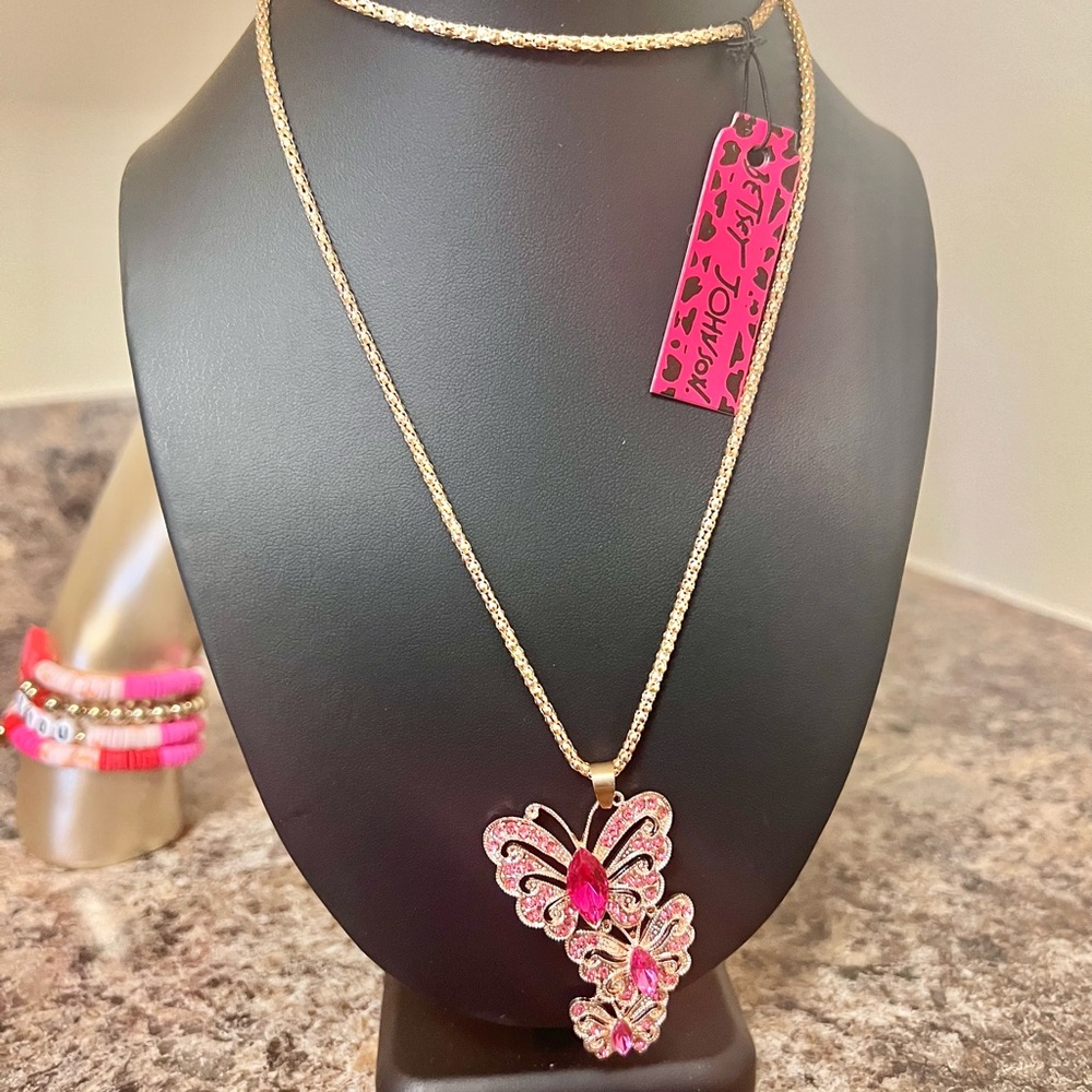 Betsy Johnson Elegant Pink Butterfly Pendant Necklace